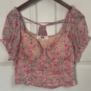 Madden NYC Plus Size 3X Pink Puff Sleeve Bustier Floral Crop Top XXXL Country